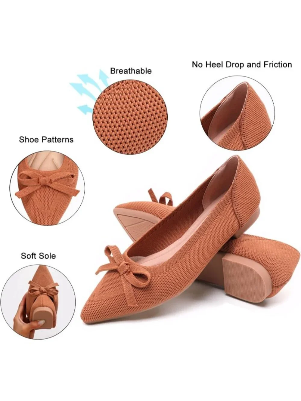 Womens Brown Comfortable Pointed Toe Knit Foldable Slip On Ballet Flat Shoes